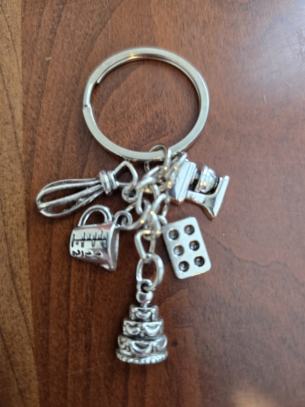 Silver-tone Baking Charm Keychain - Cake, Mixer, Whisk, Measuring Cup, Brand New
